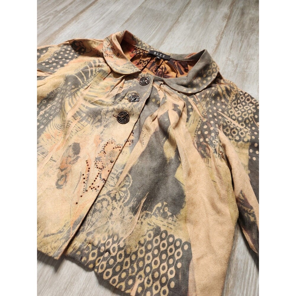 B.L.E.U Tan Green Suede Crop Jacket Rhinestones Abstract Art Lined Sz L GUC - Picture 2 of 13